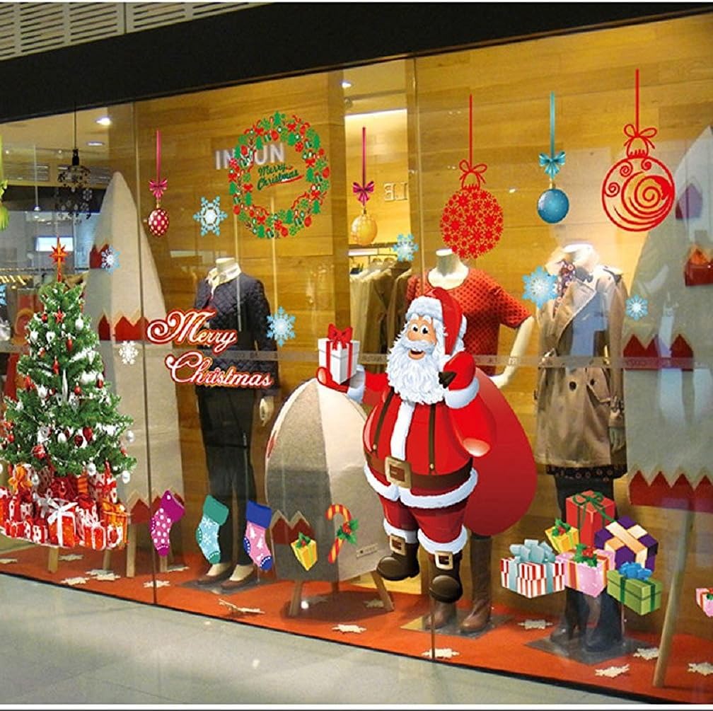DIY Christmas Windows Clings Stickers Wreath Snowflakes Large Santa Claus Xmas Tree Wall Window Door Mural Decals Static Sticker for Office Winter Party Decorations (11 Sheets)