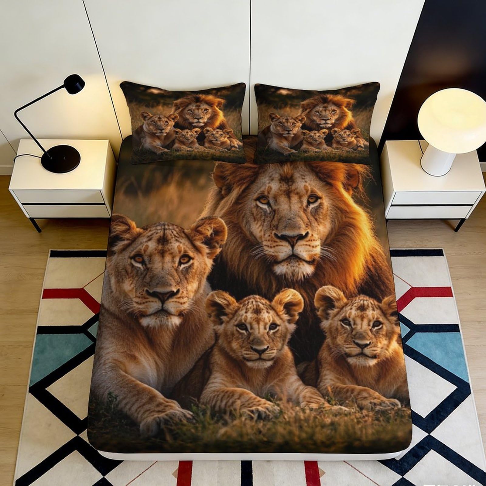 3D Printed Lion Family Fitted Sheet Microfiber Soft Durable Lion Cubs Bed Cover for Bedroom Dormitory Guest Room Mattress Protection Decor 140x200x25cm