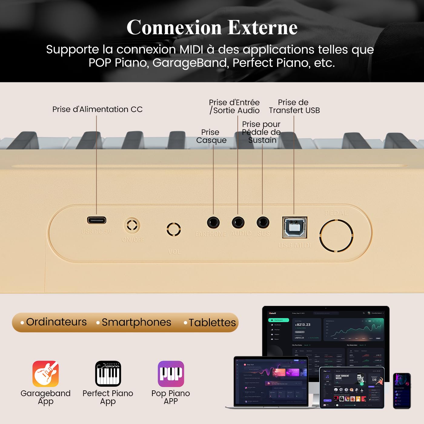 DREAMADE Clavier de Numérique 88 Touches, Clavier de Piano Électrique Portable avec Multiples Sources Audio, MIDI, Pédale, Pupitre, Adaptateur et Batterie Rechargeable (Jaune)