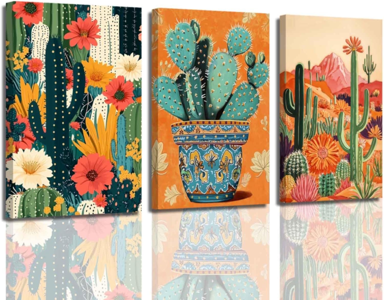 ZSHARTSWD Mexican Cactus Wall Art 3 Piece Boho Cactus Desert Picture Floral Botanical Canvas Print Southwestern Painting for Living Room Bathroom Decor Framed (Pink, 12.00" x 16.00" x 3PCS)