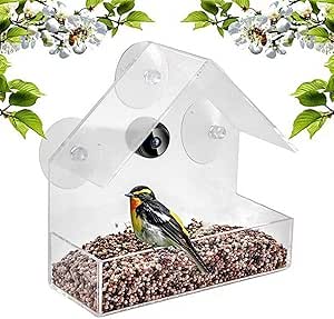 Bird Feeder with Camera, Window Round Bird Feeders with Strong Suction Cups, Transparent Bird House with HD 1080P Night-Version Video Camera for Outdoor Garden Bird Watching asin的图片