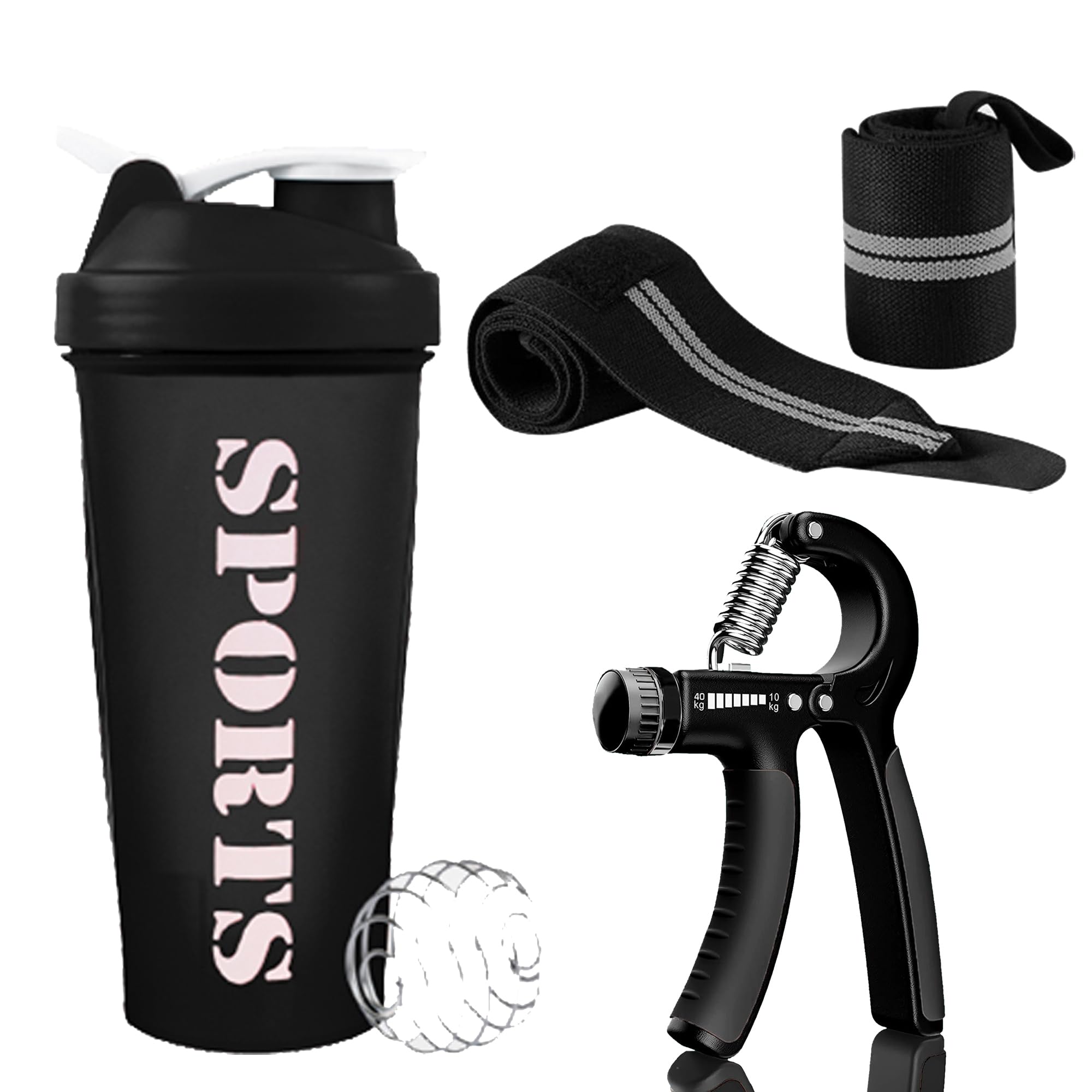 cool indians Gym Shaker Bottle Sports Combo Gym Protein Shaker With Wrist Support Band And Hand Gripper For Gym & Fitness Kit | Gym Shaker | Wrist Band | Workout Bottle | Fitness Grip | gym workout grip (Black)-picture-20