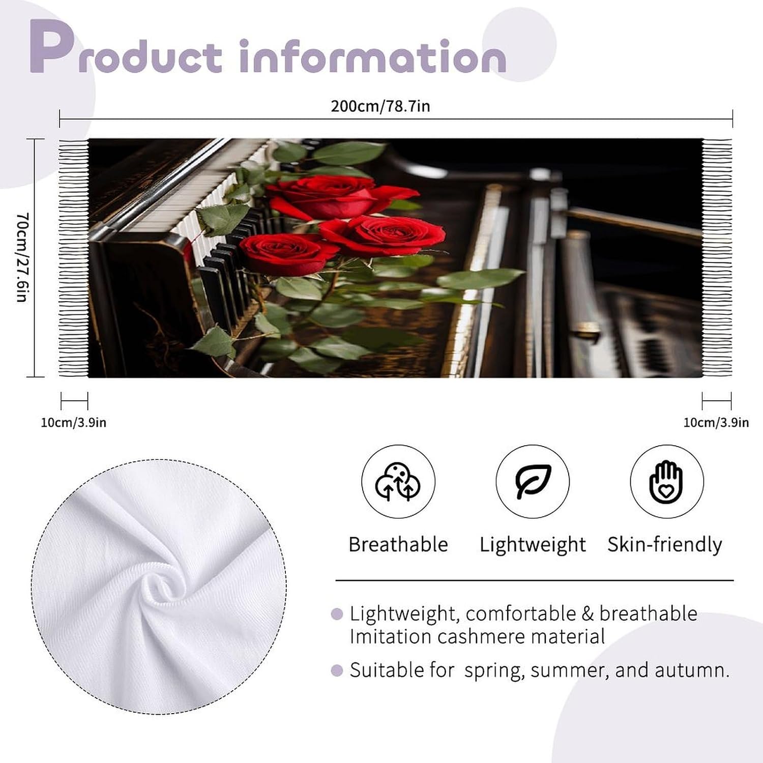 Red Rose on Piano Winter Scarf for Women Soft Tassel Scarves Oversized Wraps Long Shawl Cold Weather Thick Blanket Scarfs