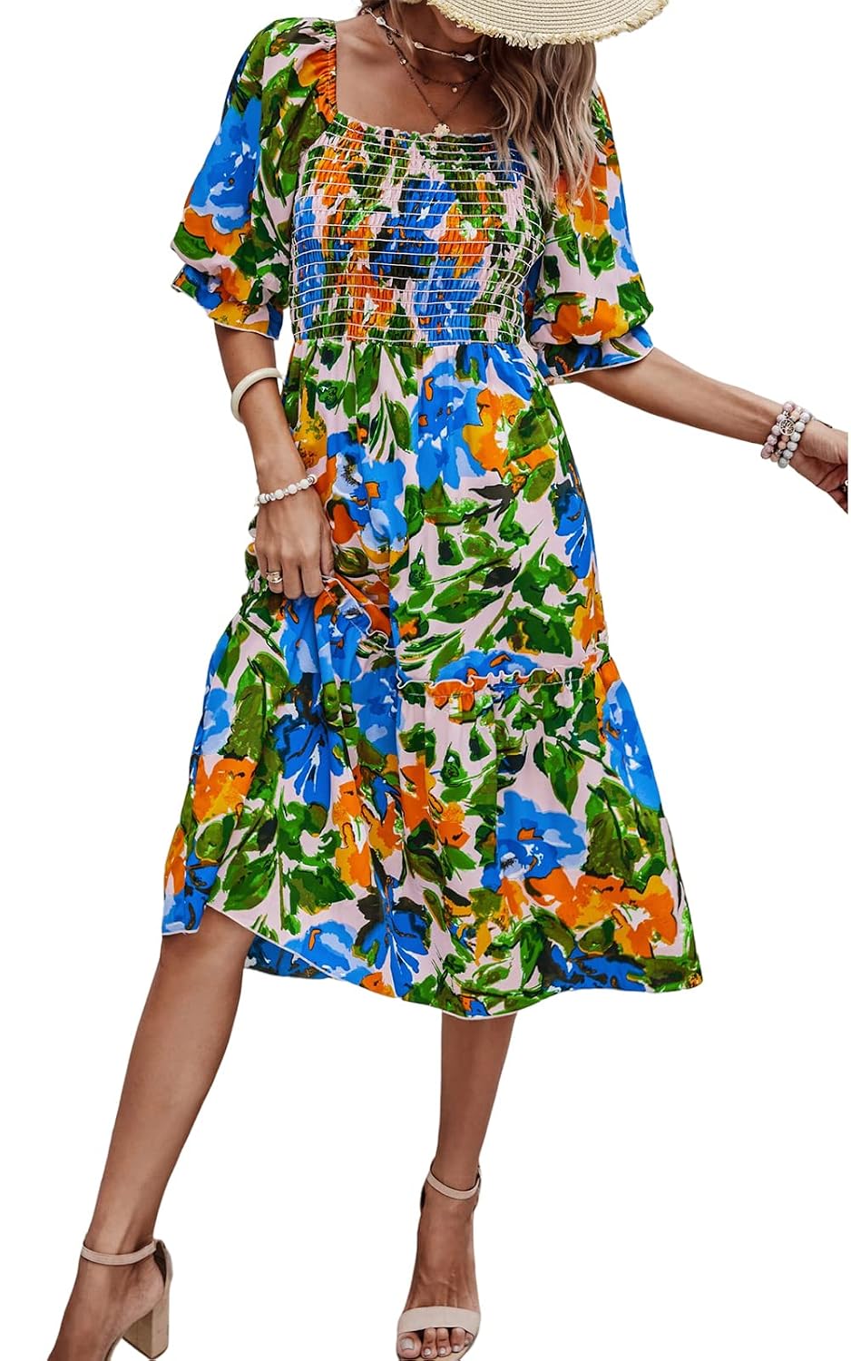 PRETTYGARDEN Puff Sleeve Square Neck Floral Dress