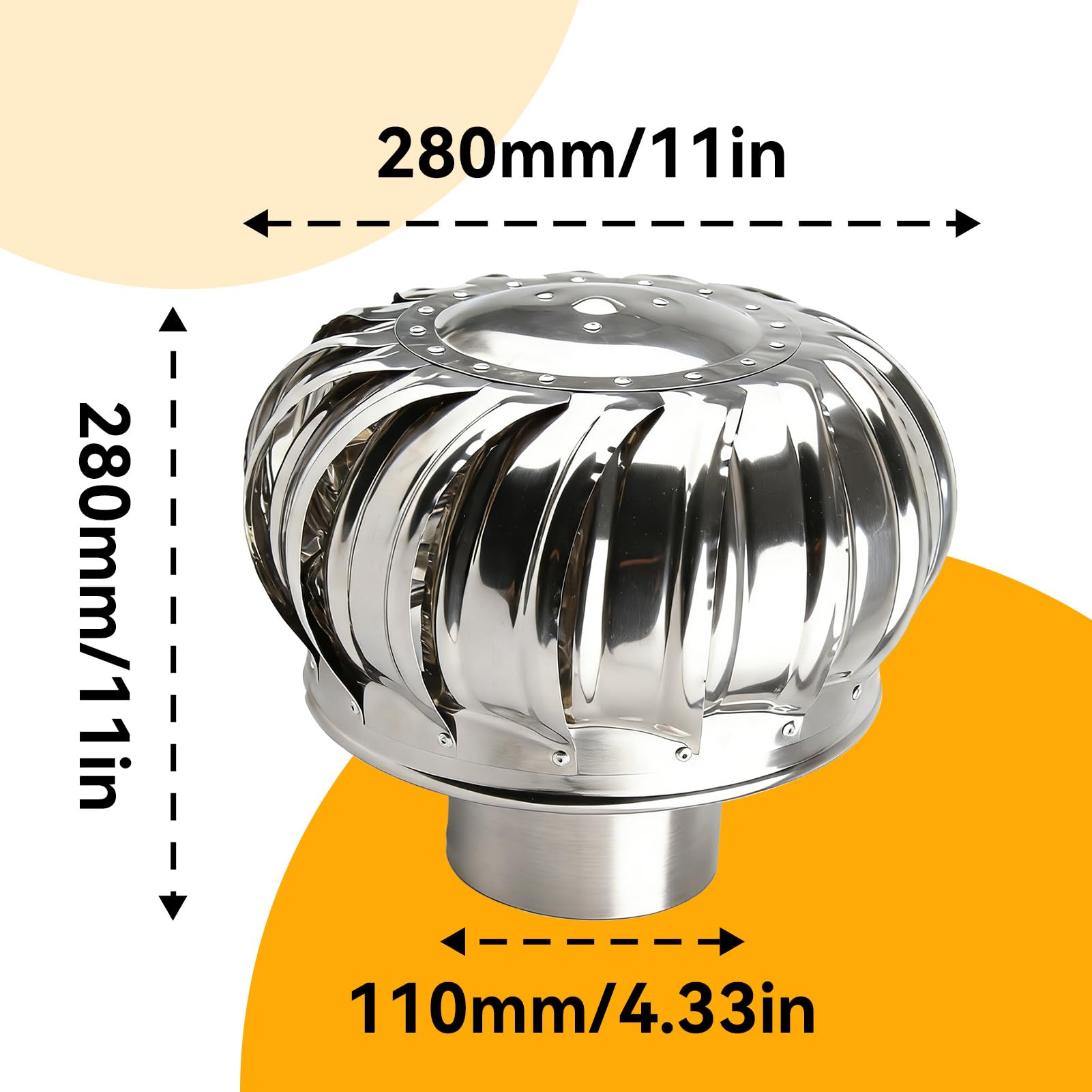 Turbina de Ventilación de Techo 110mm, Ventilador de Acero Inoxidable Automático Chimenea Rotativa para Ático Granja Fábrica y Vivienda Sistema de Ventilación sin Fugas
