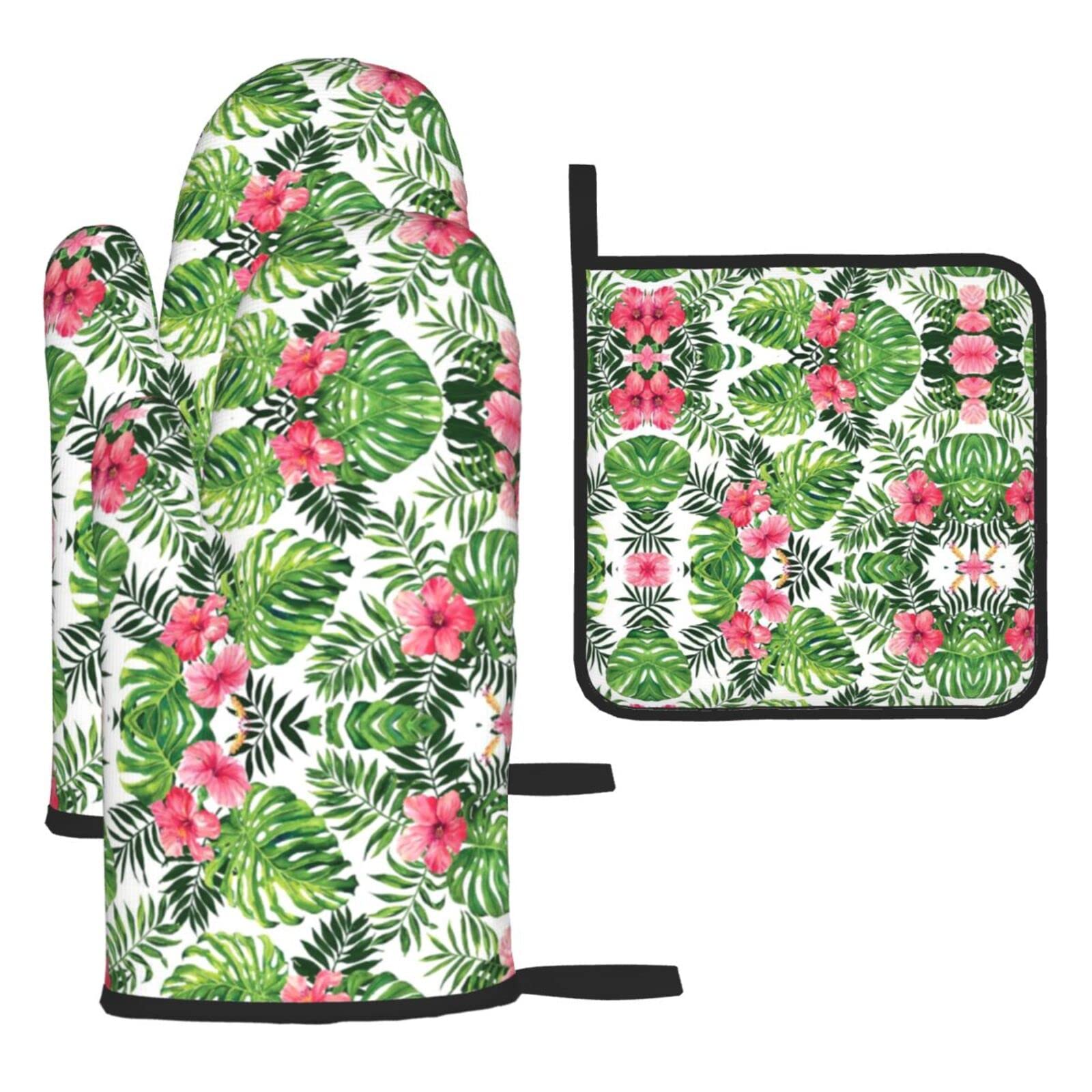 Tropical Leaves Oven Mitts and Pot Holder Kitchen Set for Grilling, Cooking, Baking, Heat Resistant