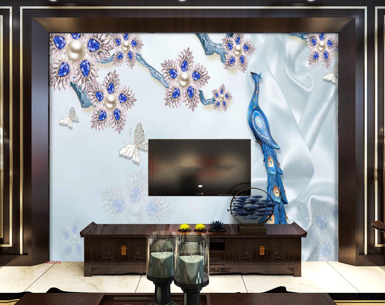 Wall26 - WEZ2132 Beautiful Flowers Jewellery Peacock Plan Butterflies Designed Jewelry Coquette Flower HD 3D Wall Sticker[8 ft x 6 ft] / [244 cm x 183 cm]