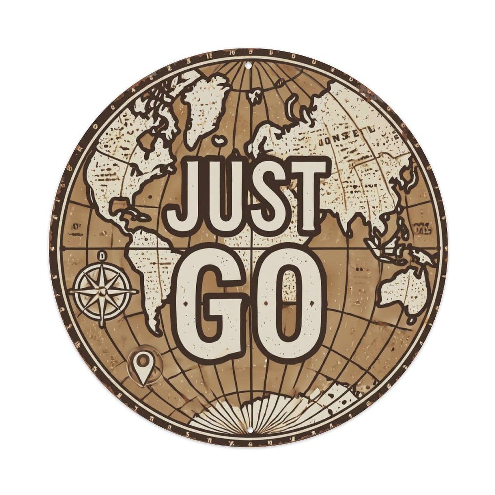 Vintage World Map with Compass Just Go Azimuth Metal Tin Sign