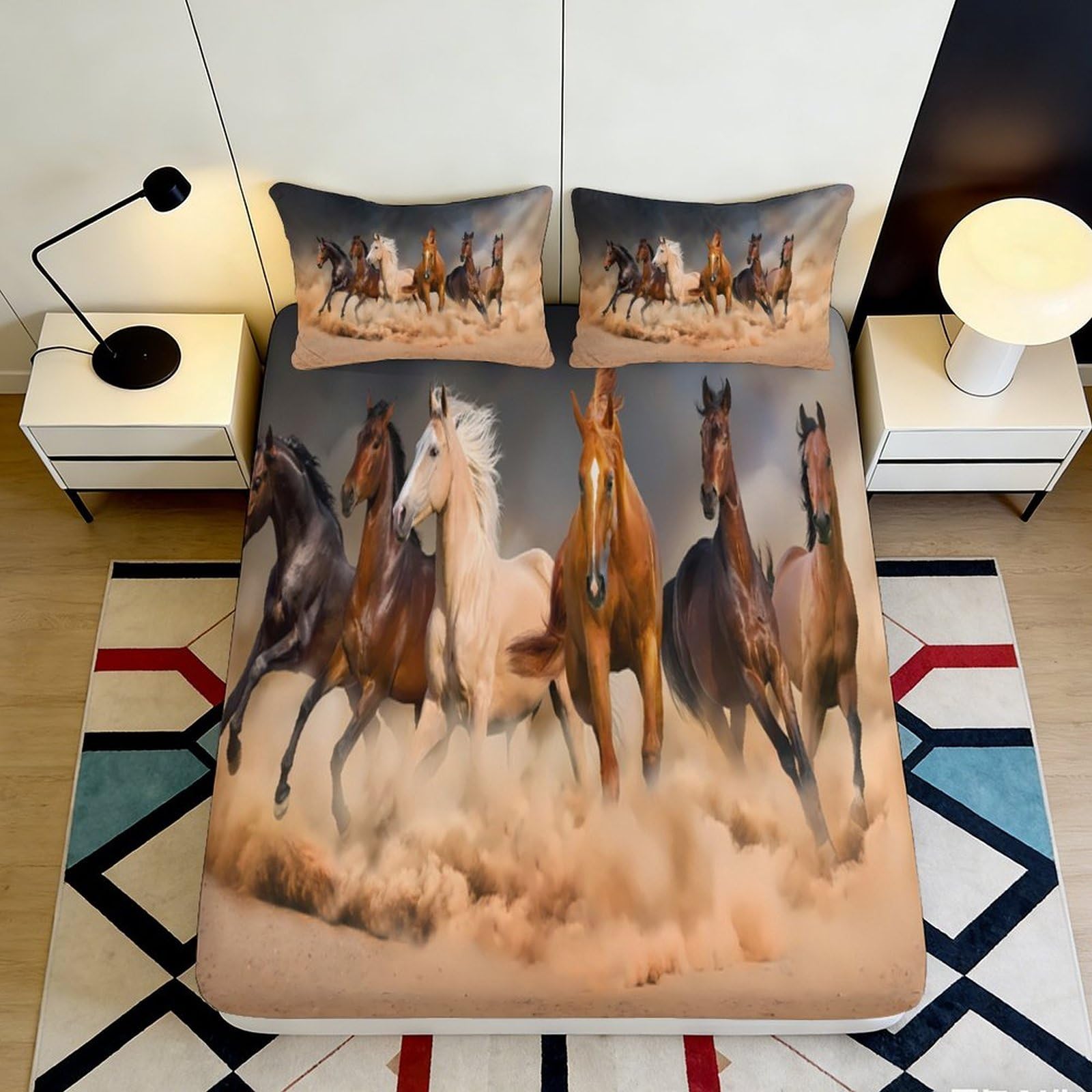Uynsixtme Style-8 3D Printed Horse Pattern Fitted Sheet Microfiber Deep Pocket Full Wrap Horse Mattress Fitted Cover Non-Slip Washable For Bedroom 200X200x25cm
