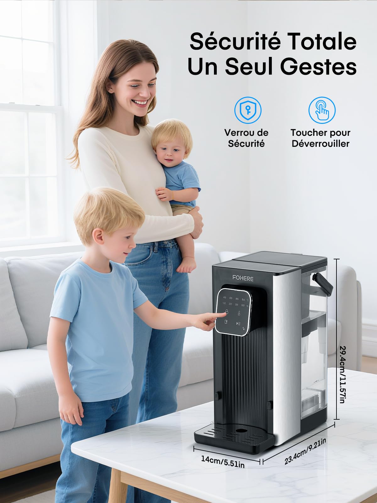Distributeur d'eau Chaude, 2600 W, Eau Chaude en Quelques Secondes, 4 Niveaux de Température, 4 Quantités d'eau, Réservoir de 2,5 l, Compact et économe en énergie, écran tactile Numérique