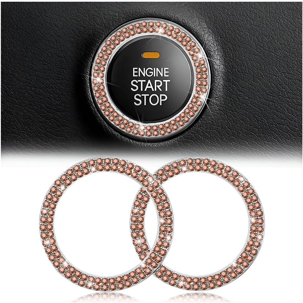 Car Bling Crystal Rhinestone Engine Start Ring Decals, 2 Pack Car Push Start Button Cover/Sticker, Key Ignition Knob Bling Ring, Sparkling Car Interior Accessories for Women (Double Orange)
