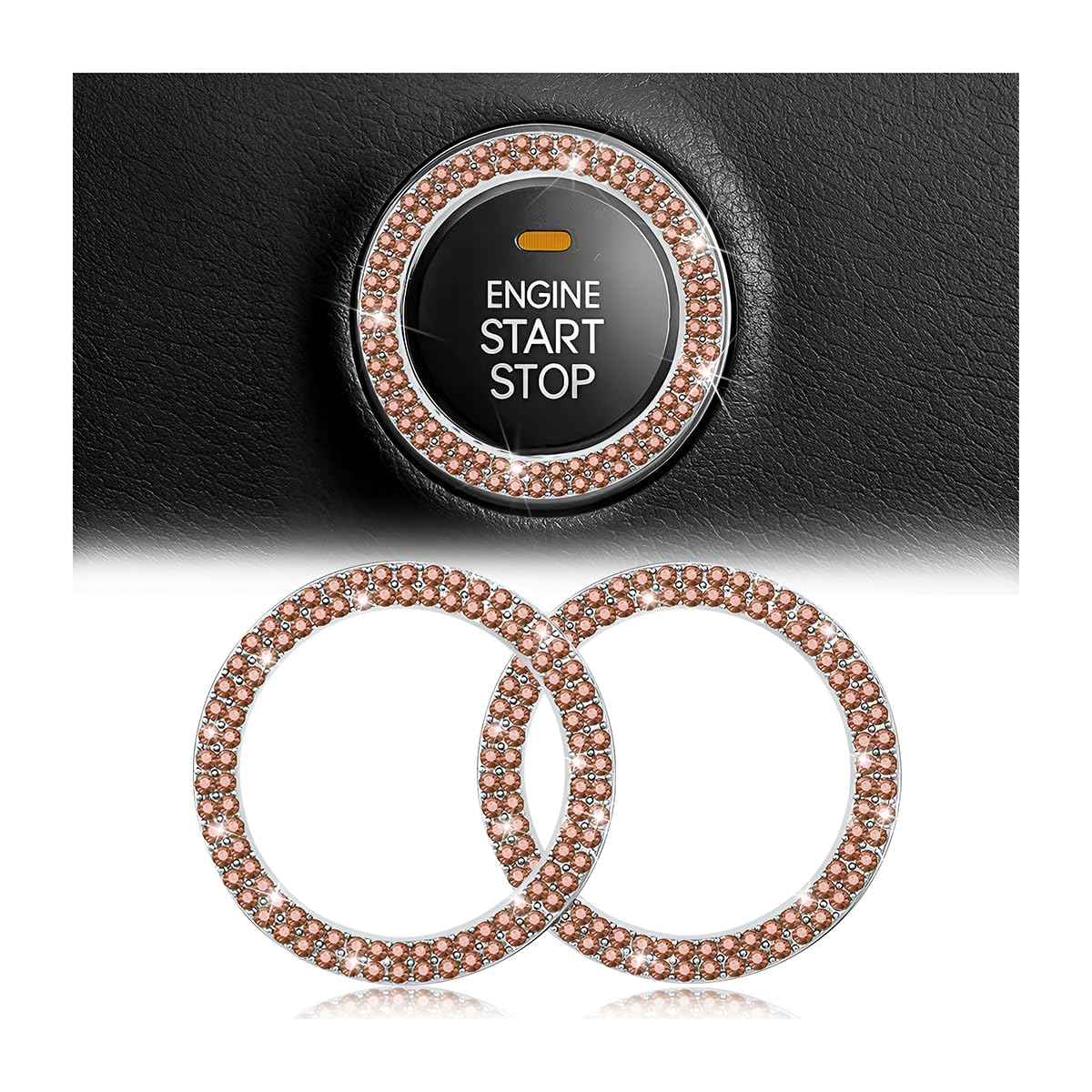 Car Bling Crystal Rhinestone Engine Start Ring Decals, 2 Pack Car Push Start Button Cover/Sticker, Key Ignition Knob Bling Ring, Sparkling Car Interior Accessories for Women (Double Orange)