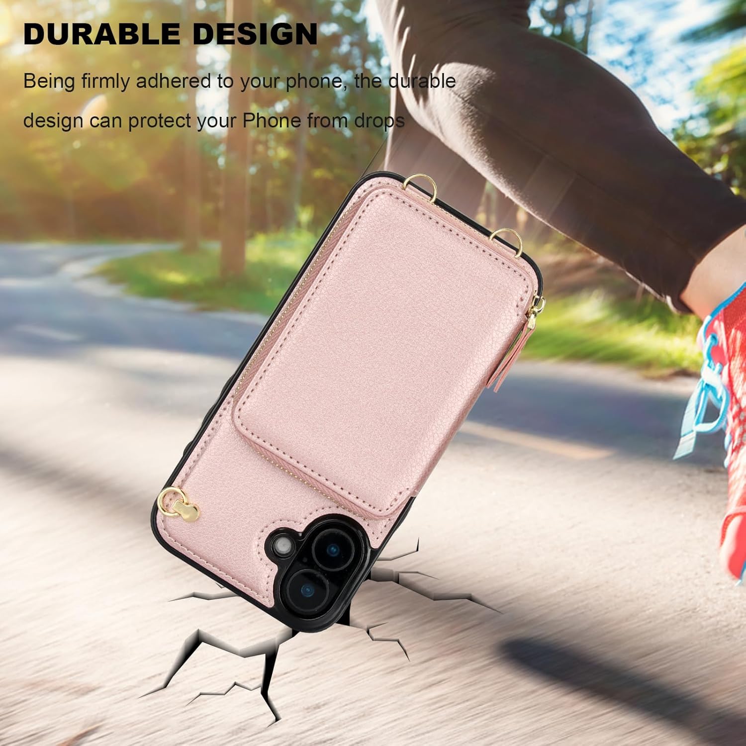Bocasal Crossbody Wallet Case for iPhone 16 Plus, RFID Blocking Leather Purse Case with Card Holder, Protective Handbag Flip Cover with Zipper Wrist Strap Lanyard for Women 5G 6.7 Inch (Rose Gold)