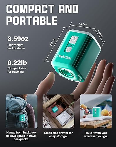Miniatura 7 de Mini bomba de aire, bomba recargable portátil con batería de 1600 mAh, 5 boquillas, luz de campamento, infladodesinflado rápido para inflables y