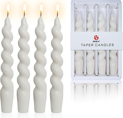 Velas cónicas en espiral sin perfume, color blanco, 4 velas trenzadas de 7.5 pulgadas, hechas a mano, para cena, boda, decoración del hogar,