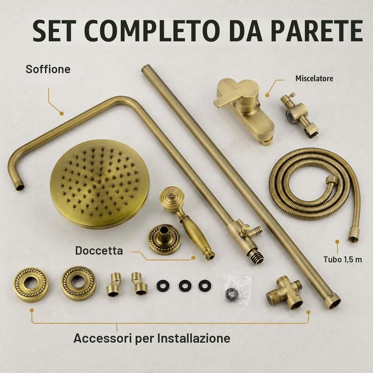 Doccia a Incasso Sistema Parete con Soffione Pioggia Quadrato 20cm, Doccetta a Mano, Rubinetto Vasca e Asta Doccia Regolabile in Finitura Bronzo