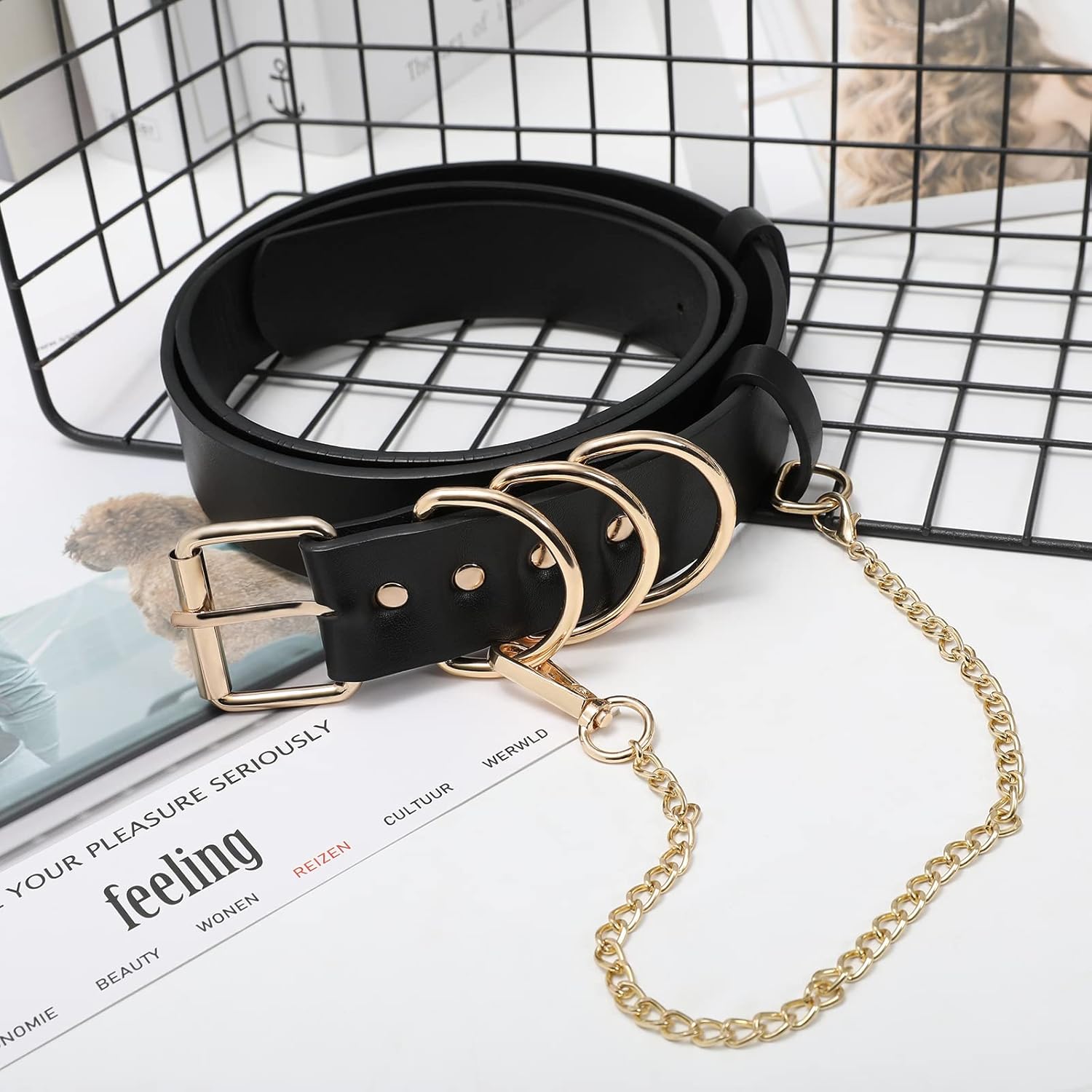 AWAYTR Women Leather Punk Waist Belt - Black PU Leather Adjustable Ladies Belts with Gold and Silver Buckle - Image 6