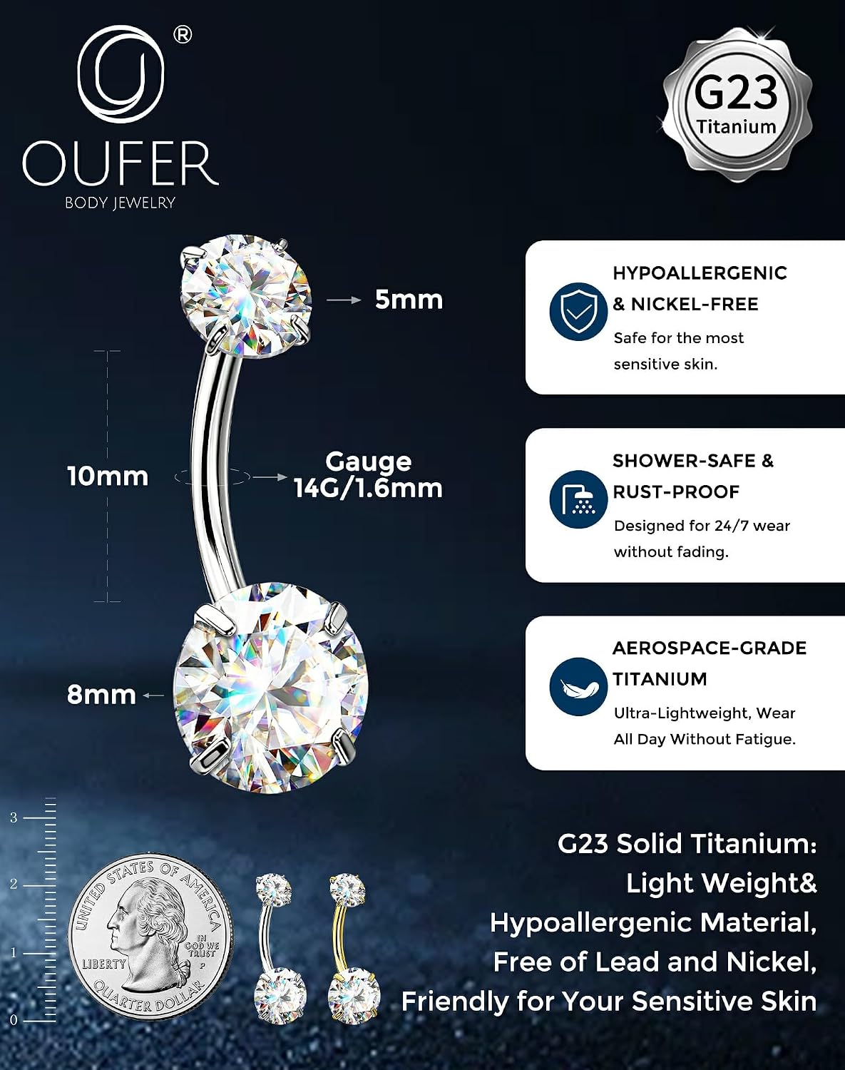 OUFER 14G G23 Titanium Moissanite Internally Threaded Belly Button Ring with Care Kit for Healing,D Color VVS1 Brilliant Cut Stones, Silver/18K Gold Plated Hypoallergenic Navel Piercing Jewelry for Women Men