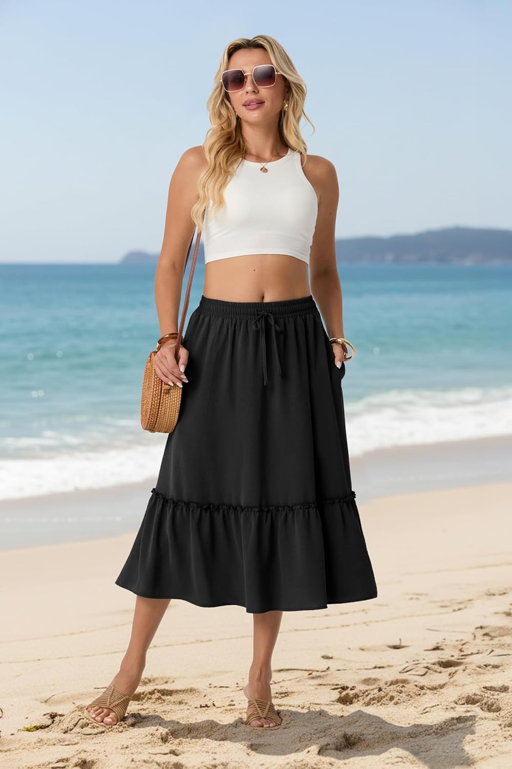 Skirts for Women High Waisted Tiered A Line Midi Skirt Knee Length Summer Skirts Drawstring with Pockets - Image 3