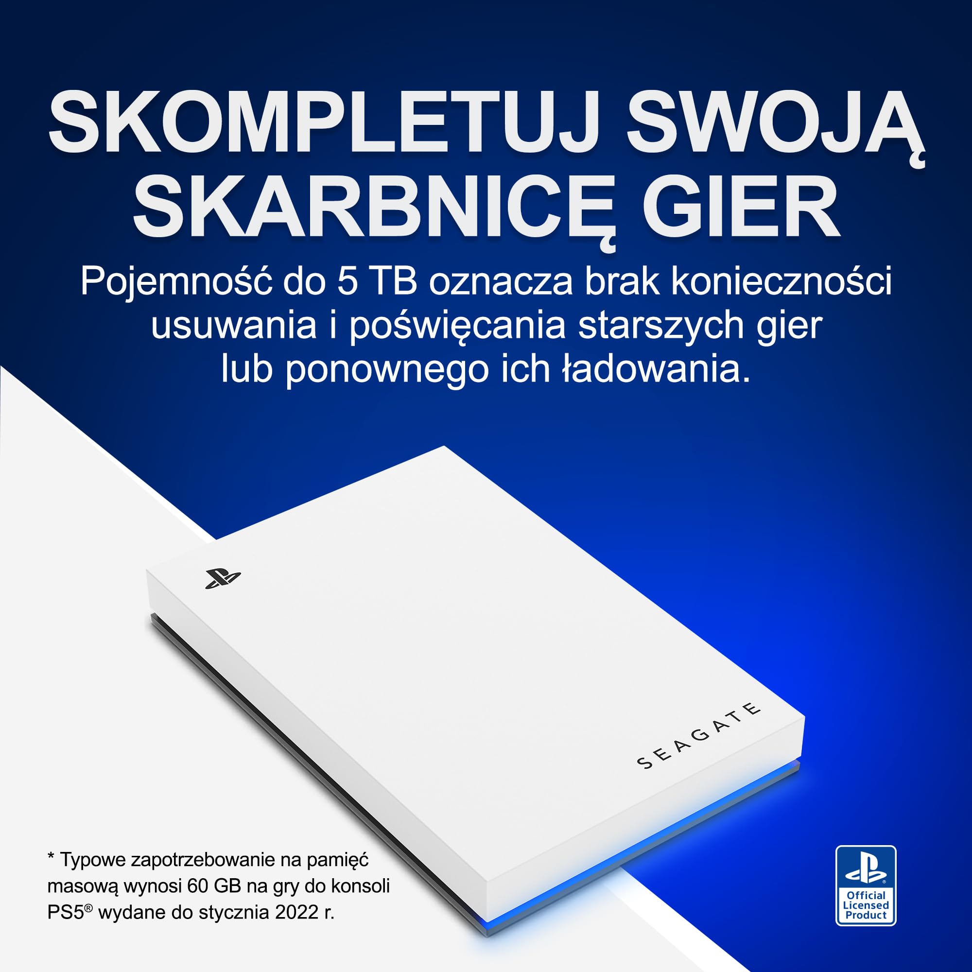 Seagate Game Drive for PS5, 5 TB, Zewnętrzny dysk HDD, USB 3.0, oficjalnie licencjonowany, niebieskie podświetlenie LED (STLV5000200)