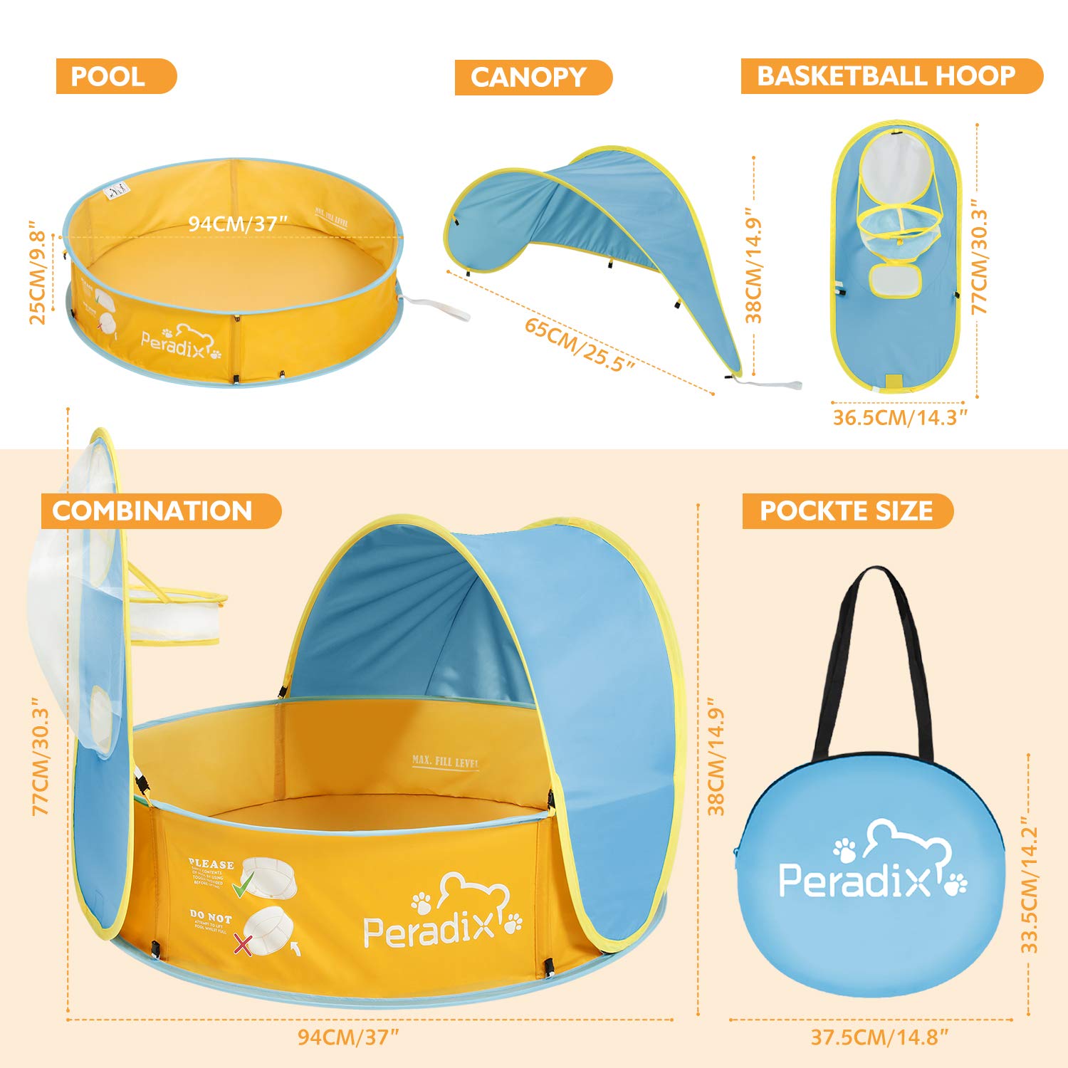 Peradix 2 in 1 Tenda da Bambini Pop Up Pieghevole, Mini Vasca Palline Casetta Solare Anti-UV con Tettoia e Canestro Viaggio in Spiaggia