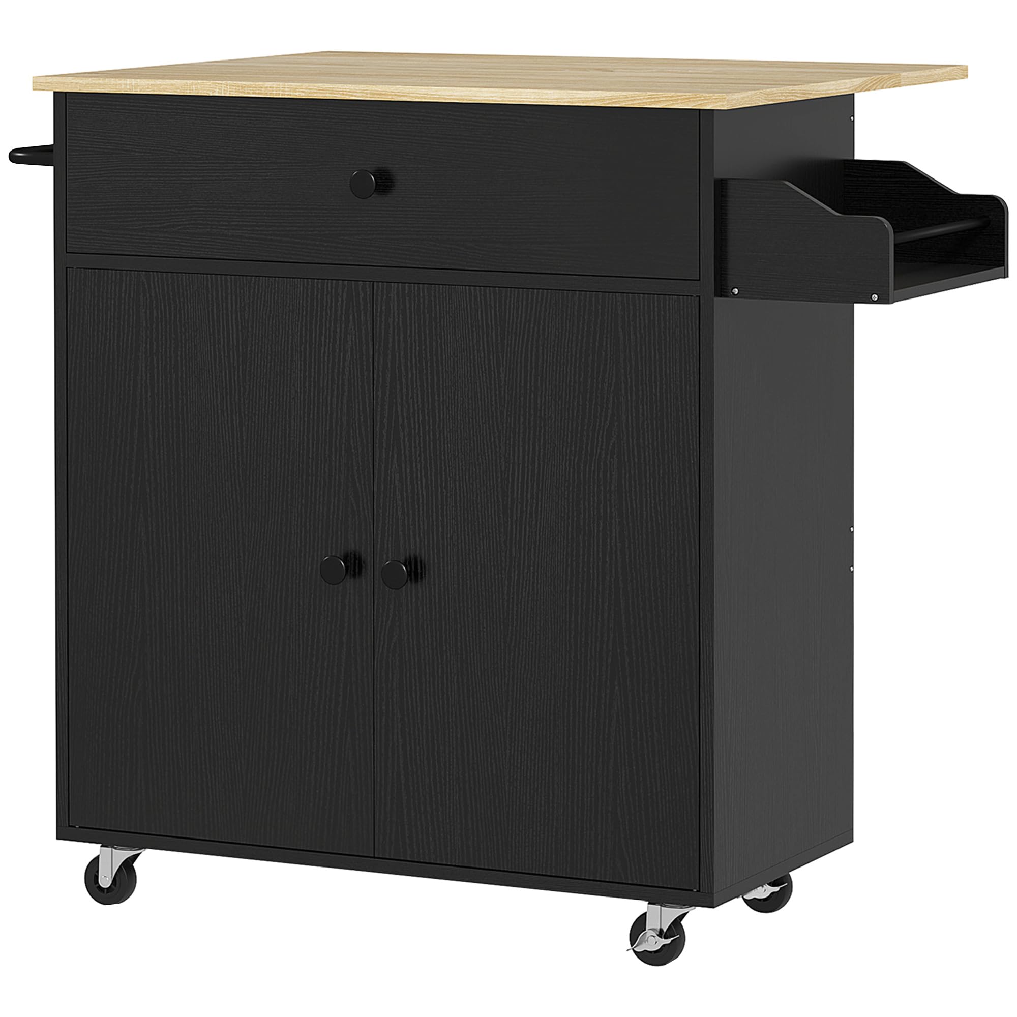 HOMCOM Isla de Cocina con ala Abatible Carrito de Cocina Mueble Auxiliar de Cocina con Ruedas 2 Puertas Cajón Especiero Toallero y Estante Ajustable 106x42x87 cm Negro y Roble