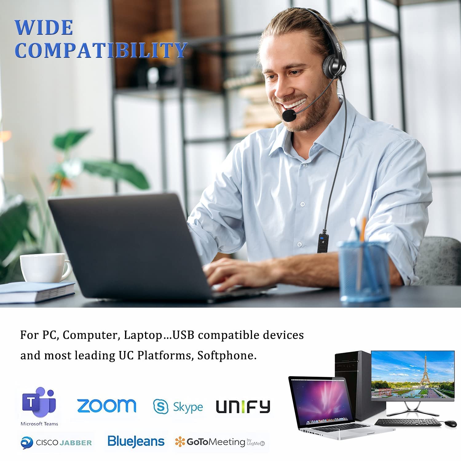 Callez Cuffie USB con microfono per laptop, cuffie regolabili per computer, con cancellazione del rumore, lunghezza 2 m, con controlli in linea, per Skype Zoom, casa, ufficio, affari, MS Teams