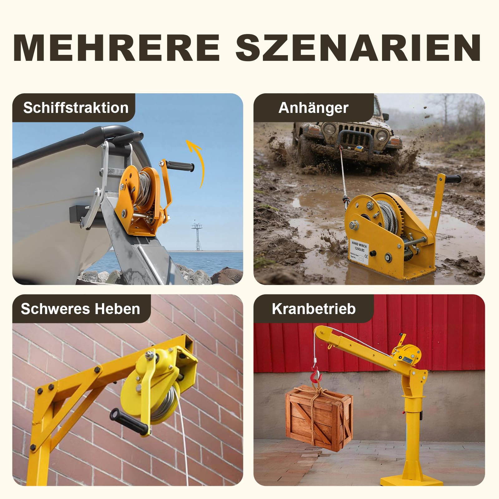 Handseilwinde mit Bremse 500kg Wandmontage für Boot Anhänger | Edelstahl Manuelle Seilwinde Klein mit 10m Drahtseil & Kurbel, Heben Senken, Ideal für Bootswinde, Trailer, Garage