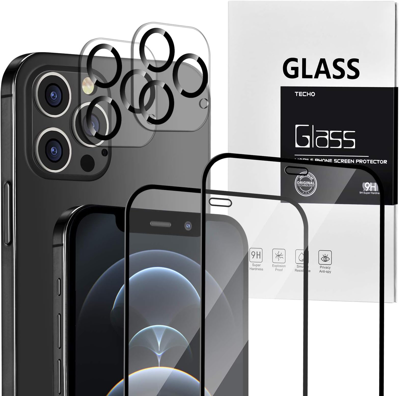 TECHO Unbreakable Screen Protector Compatible with iPhone 12 Pro (5X Impact Protection) (Edge to Edge Full Coverage) and Tempered Glass Camera Lens Protector Film (2 PACK) (6.1 inch)