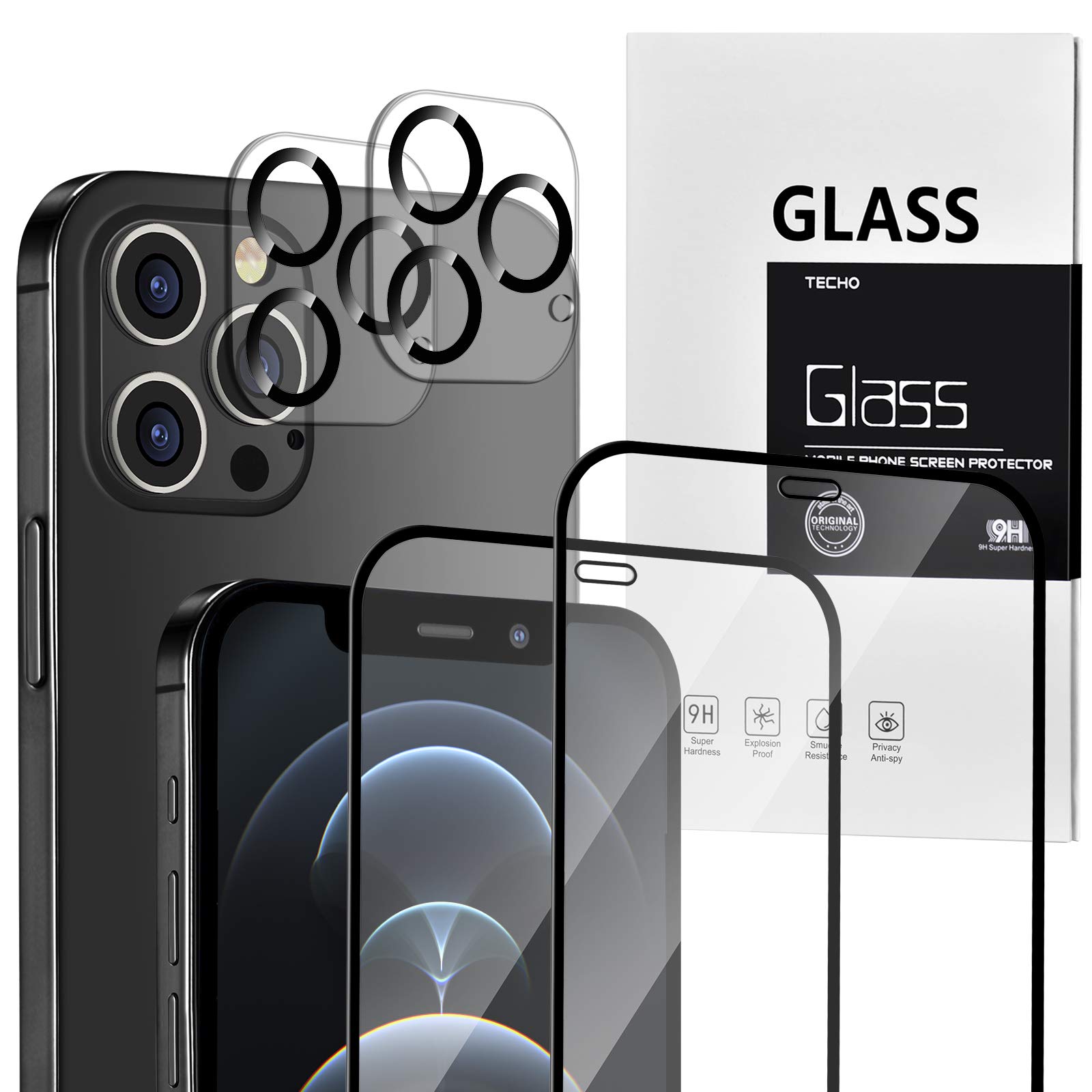 TECHO Unbreakable Screen Protector Compatible with iPhone 12 Pro (5X Impact Protection) (Edge to Edge Full Coverage) and Tempered Glass Camera Lens Protector Film (2 PACK) (6.1 inch)