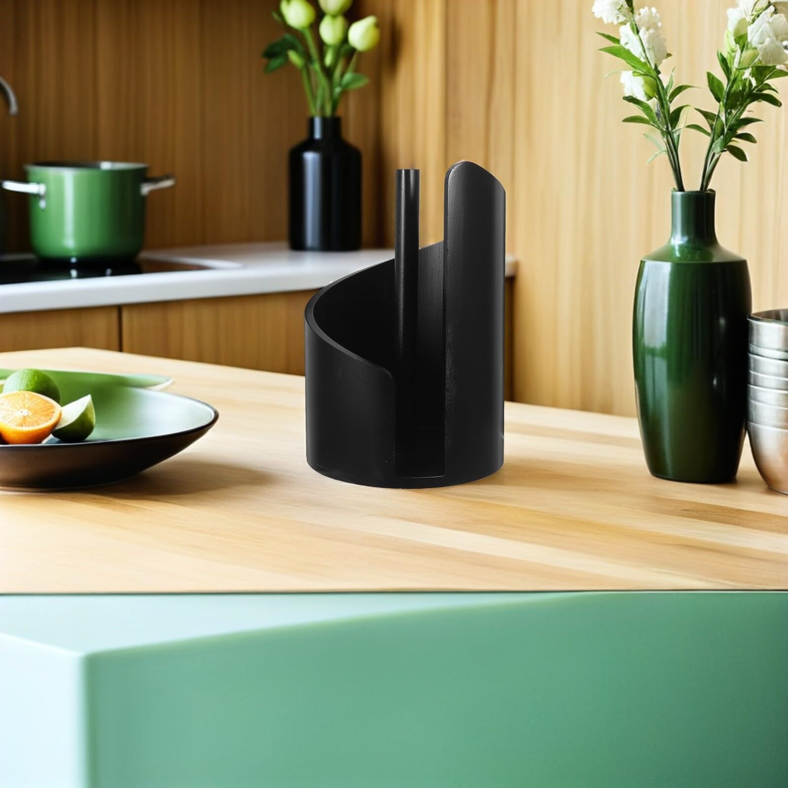 Portarotolo da Cucina in Legno Nero, Supporto Verticale | Stile Rustico e Moderno, Finitura Effetto Legno, per Piano D'appoggio e Bagno