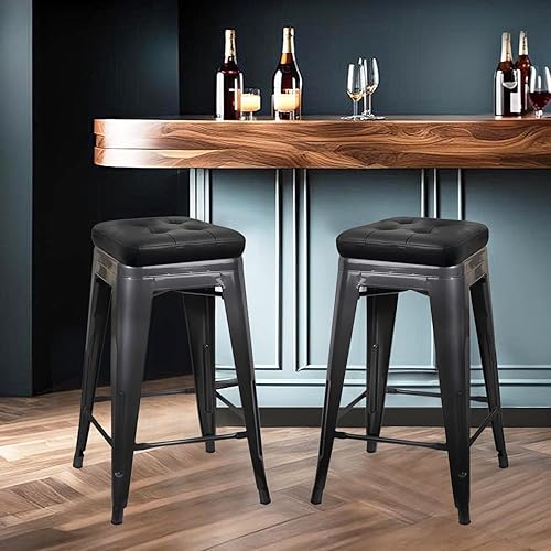 Miniatura 234 de GIA Taburete de mostrador sin respaldo de 24 pulgadas, cantidad de 4, bronce con asiento de madera clara Negro -,Café,Gris,gris, (Gun