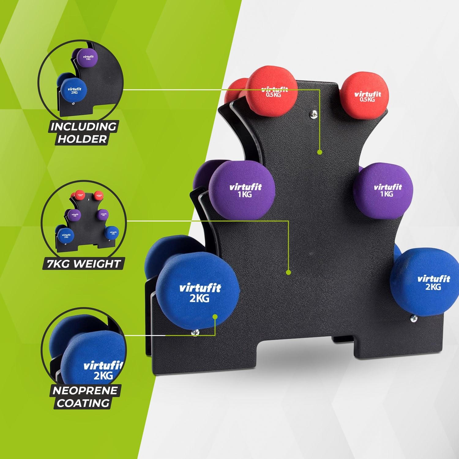 VirtuFit - Juego de mancuernas con soporte, 7 kg, 6 mancuernas, pesas para mujeres y fitness