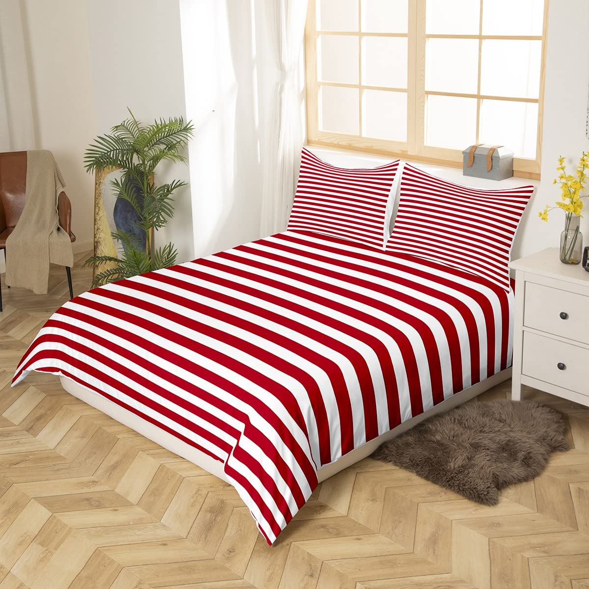 Erosebridal Girl Stripe Duvet Cover King Size Red White Ticking Stripes Bedding Set Bedroom Decor Horizontal Striped Lines Comforter Cover for Kids Women Modern Abstract Quilt Cover
