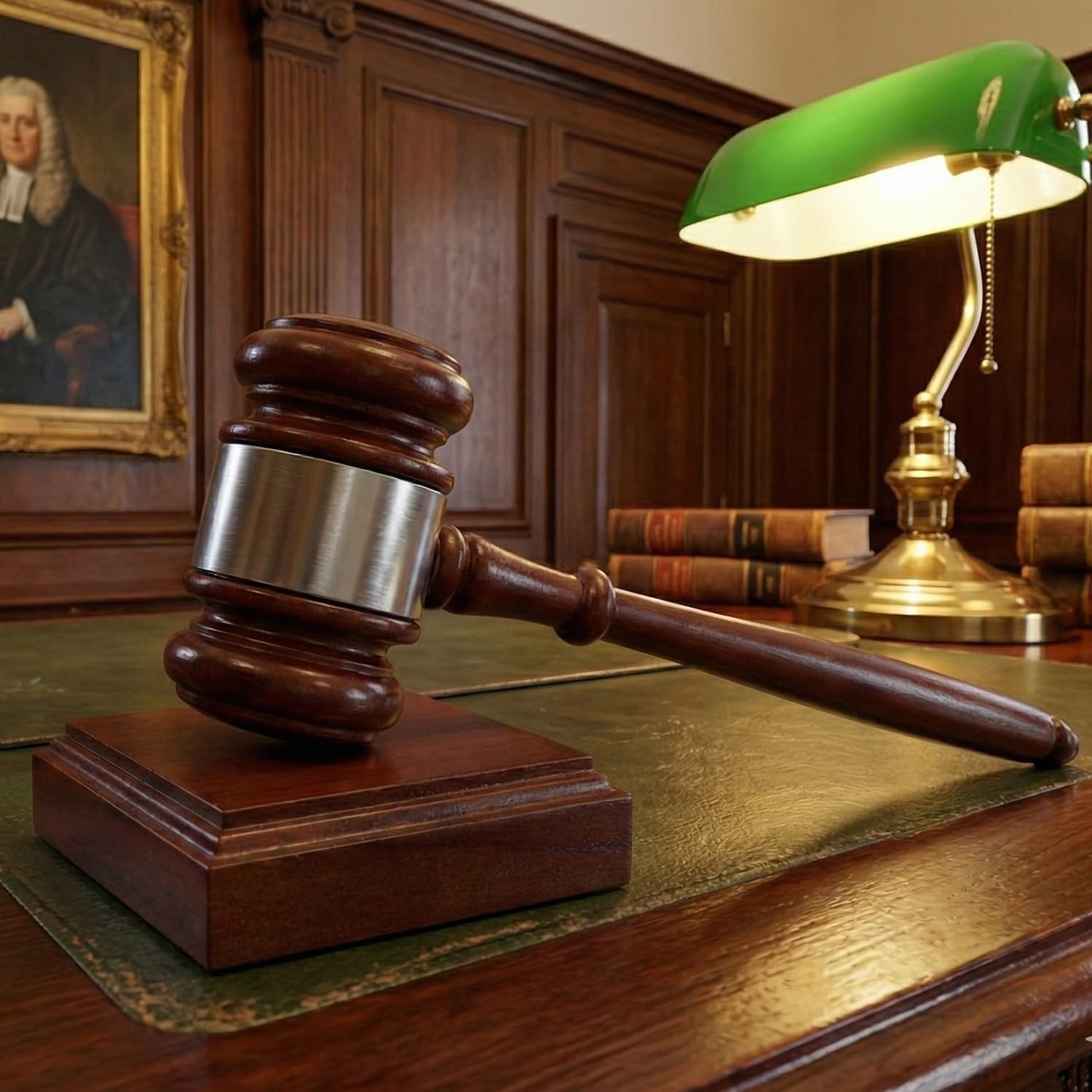Wooden Gavel and Sound Block for Judge Lawyer Auction (Silver Band)