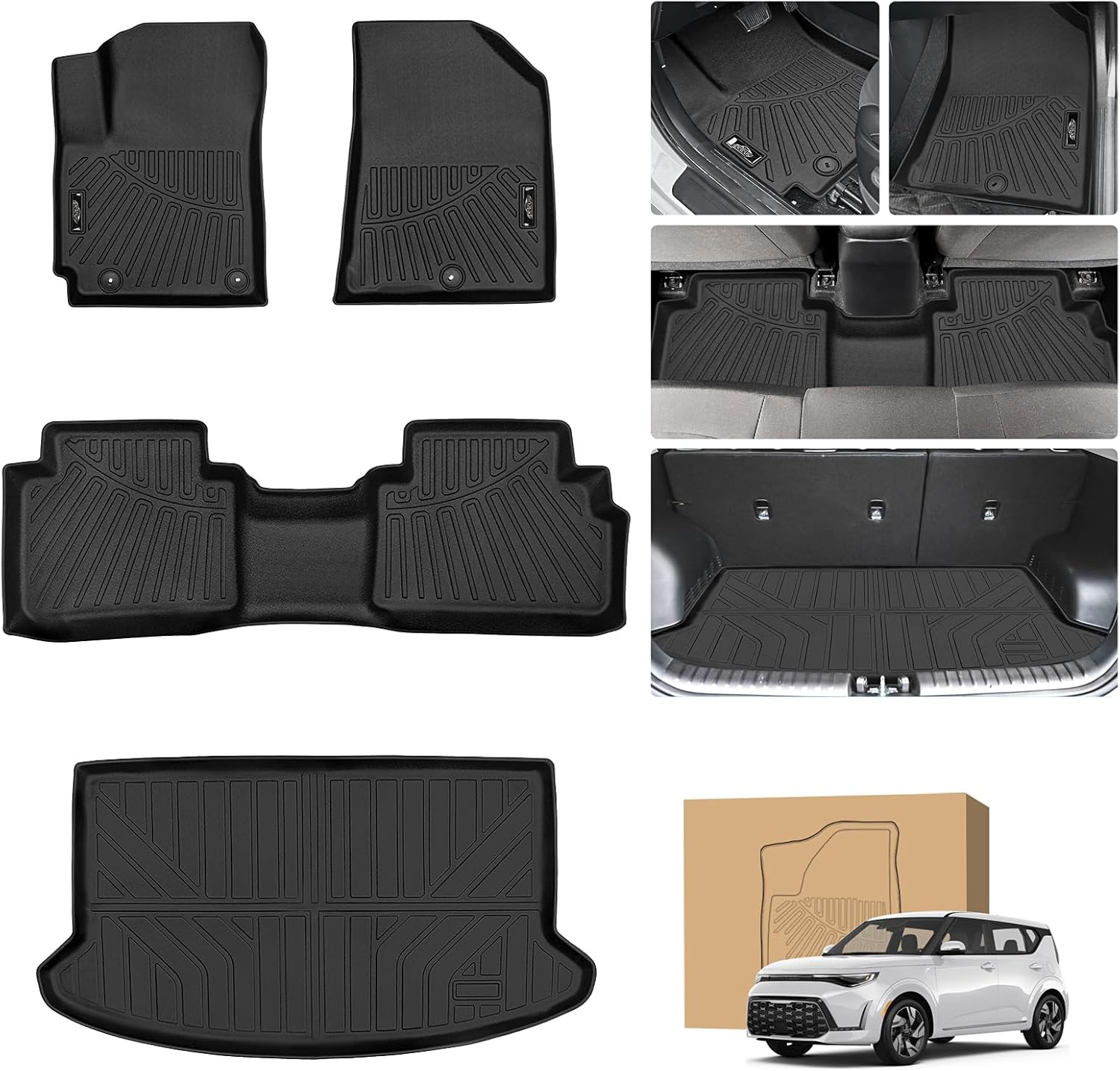 Peleus Floor Mats for KIA Soul 2020-2025 2026 (Fits Upper Floor of The Trunk,Without Subwoofer),TPE All Weather Protection 2 Rows Car Floor Liners with Cargo Liner KIA Soul Trunk Mat+Floor Mats
