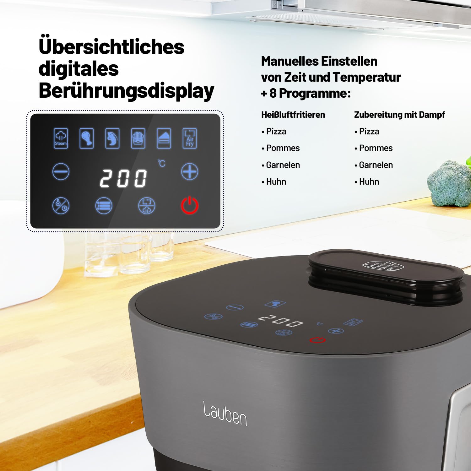 Lauben Freidora de aire 4500BG Glass&Steam - Cesta de cristal, función de vapor, 8 programas, ajuste manual, apta para lavavajillas