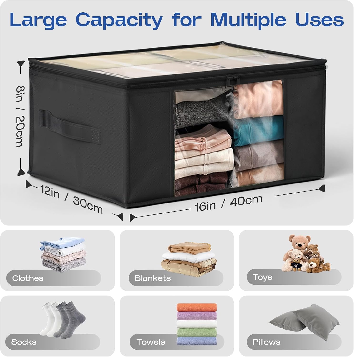 Clothes Storage Bags, Foldable Thick Fabric Blanket Storage Bags, Large Clear Window & Carry Handles, Great for Clothes, Blankets, Closets, Pillows (Black, 4PACK)