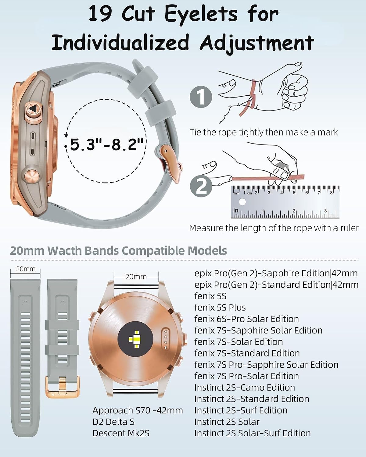 20mm Watch Band for Garmin fenix 5s 6s 7s, Quickfit 20 Bands Rose Gold Silicone GREY and BLACK Bundle image 5