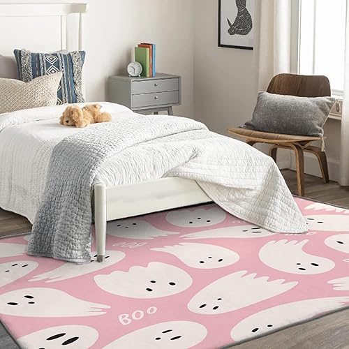 Miniatura 2 de Alfombra fantasma de 2 x 3 pies, alfombra de área de Halloween, alfombras espeluznantes para entrada, sala de estar, dormitorio, alfombra rosa y