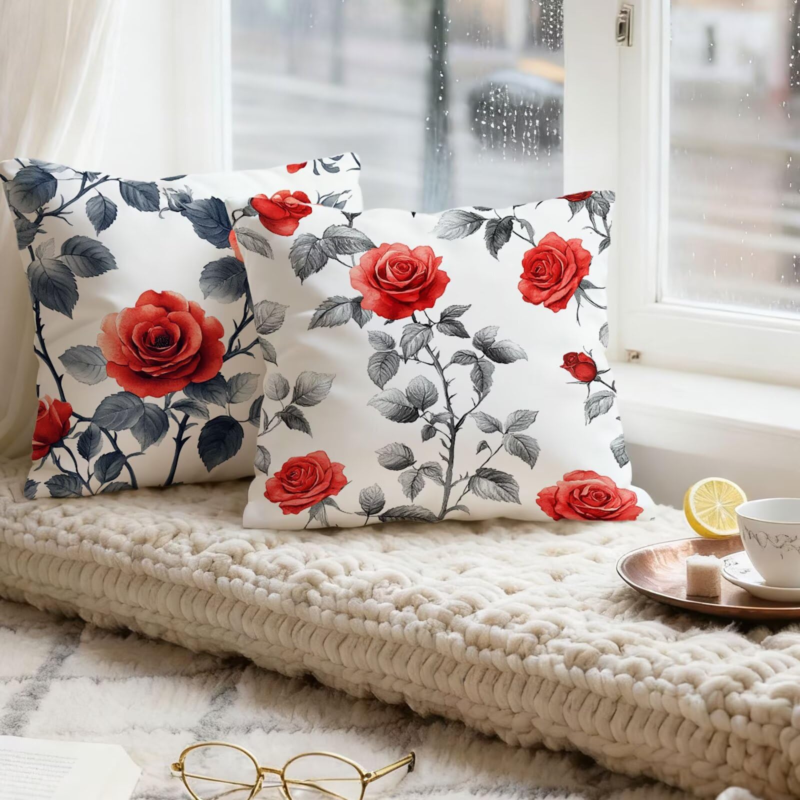 Rojo Funda Cojin 60x60 Flor Funda Almohada 60x60 Cojines Sofa Súper Suave Fundas Cojines Decorativos Fundas Almohadas 4 Piezas Almohada Cervicales y Cuello, para Hogar Cama Salon Decoracion E - 807