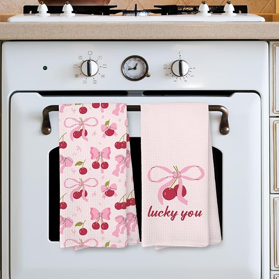 Giosve Pink Bow Cherry Kitchen Towels, Coquette Preppy Bow Decorative Hand Towels for Bathroom, Pink Cherry Dish Tea Towel for Kitchen Decor, Coquette Girly Bathroom Decor, 16x24 Inch Set of 2