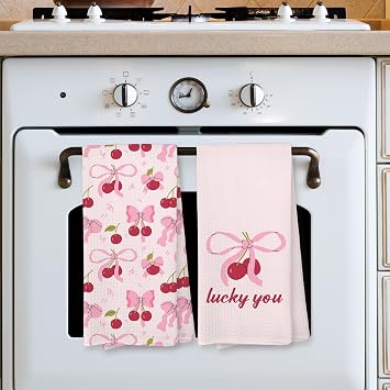 Giosve Pink Bow Cherry Kitchen Towels, Coquette Preppy Bow Decorative Hand Towels for Bathroom, Pink Cherry Dish Tea Towel for Kitchen Decor, Coquette Girly Bathroom Decor, 16x24 Inch Set of 2