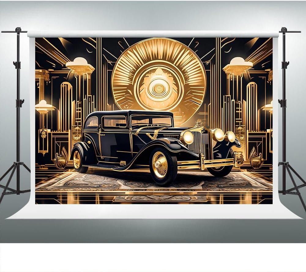 Roaring 20s Background 10x8ft Black Gold Retro Texture Background for 20's Prom Party Decor Portrait Photo Shoot 1920s Vintage Car Backdrop Photography Studio Set Props