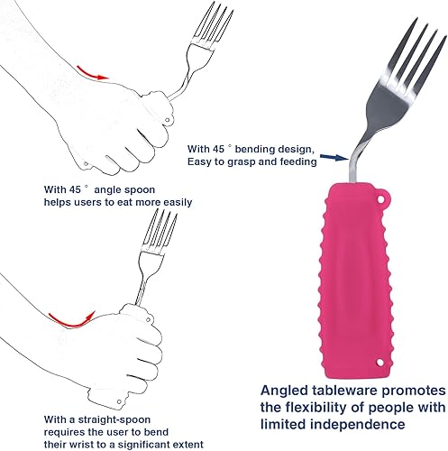 Miniatura 2 de Utensilios adaptativos - Cuchara y tenedor en ángulo para temblores de manos, Parkinson, utensilios con peso con asas antideslizantes de fácil
