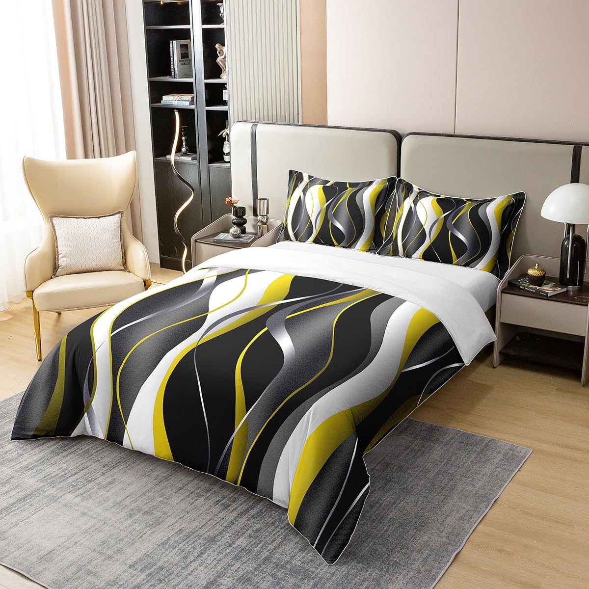 Geometric 100% Cotton Duvet Cover Single Size 1 Panel White Yellow Black Grey Lines Bedding Cotton Duvet Cover Set Modern Abstract Art Bedding Set - Image 2