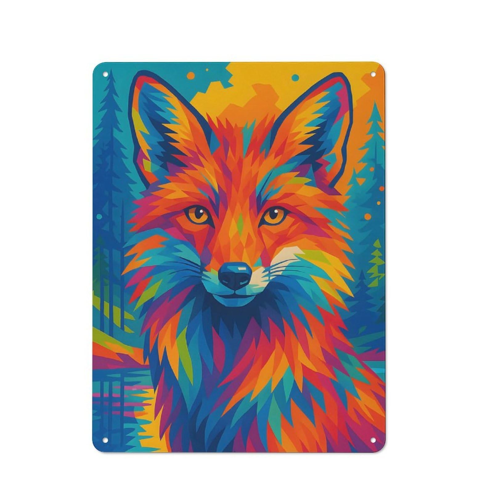 Junmoney Style-18 For Garden Room Or Summerhouse, Colorful Fox Portrait In Forest Retro Metal Sign 40X30cm, For Vintage Wall Decor Fans, For Metal Sign Collectors