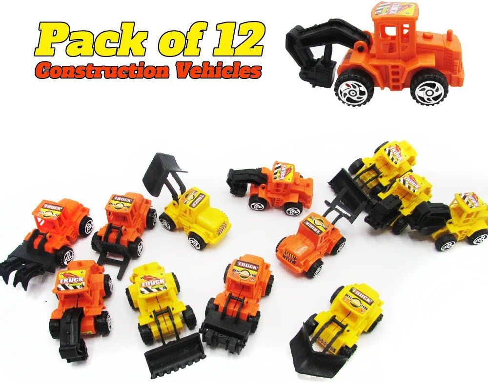 12 Pack Construction Vehicles Pull Back Style -Play Vehicles - Push and Play Engineering Trucks - Assorted Construction Designs