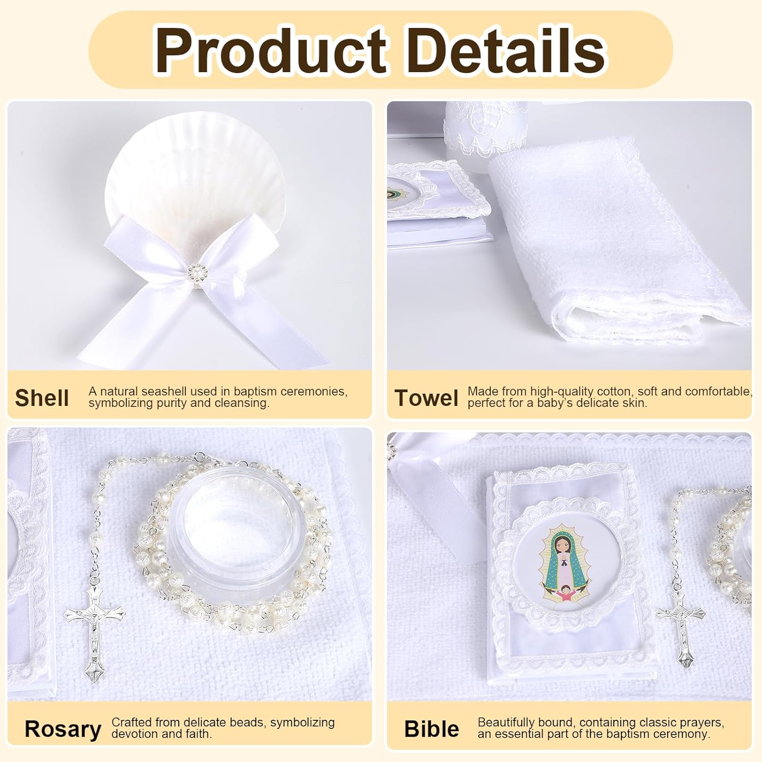 Baptism Candle Set for Boys and Girls,5 PCS Baptism Kit Virgen De Guadalupe Catholic Candle,Towel,Shell,Rosary,Bible for Baptismal Christening First Communion Gifts,Velas para Bautizo De Niño Niña