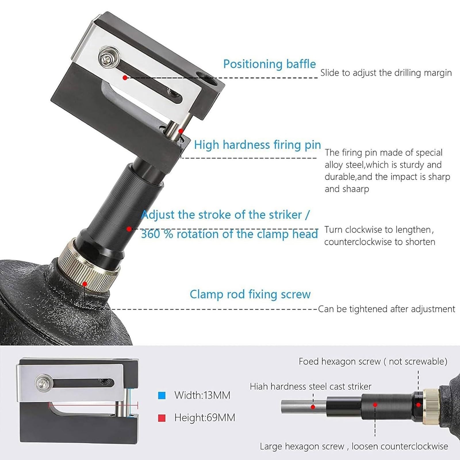 Perforadora neumática Perforadora de Agujeros de Aire Industrial Pistola | Abridor de bridas con orificio de metal,Cabezal de abrazadera con rotación de 360°,Márgenes ajustables,para(8mm)